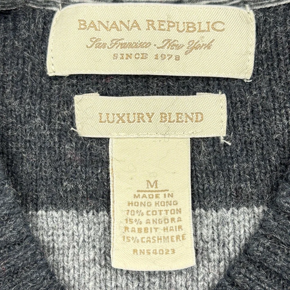 Banana Republic Sweater Mens Medium Gray Striped Cashmere Angora V Neck Knit Top
